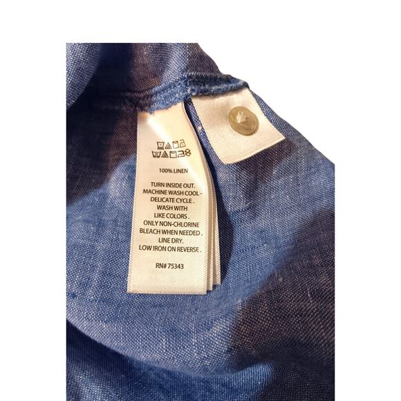JNY 100% Linen Blouse Top 2X‎ Blue Popover Roll Tab Sleeves Casual Career Office - Picture 7 of 9